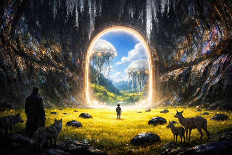In einer dunklen Höhle öffnet sich ein strahlendes Portal zu einer hellen grünen Landschaft unter blauem Himmel. Durch die Öffnung schweben riesige transparente Quallenwesen mit langen leuchtenden Tentakeln. Ein Kind steht im Zentrum der Wiese, während Tiere und eine dunkle Gestalt die Erscheinung beobachten. Die Felsen der Höhle glitzern in schillernden Farben wie Kristalloberflächen.