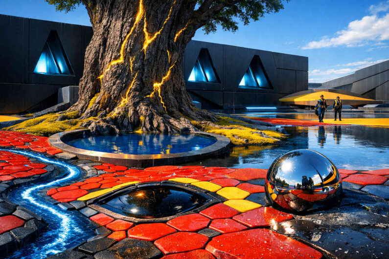 Ein gewaltiger Baum mit leuchtenden goldenen Rissen im Stamm steht inmitten einer futuristischen Anlage aus schwarzer Architektur und spiegelndem Wasser. Rote und gelbe Bodenplatten ziehen sich wie geometrische Flüsse durch die Szenerie, daneben liegt eine spiegelnde Metallkugel. Zwei Menschen in dunkler Kleidung bewegen sich durch die sterile, zugleich organisch wirkende Umgebung unter hellem Himmel.