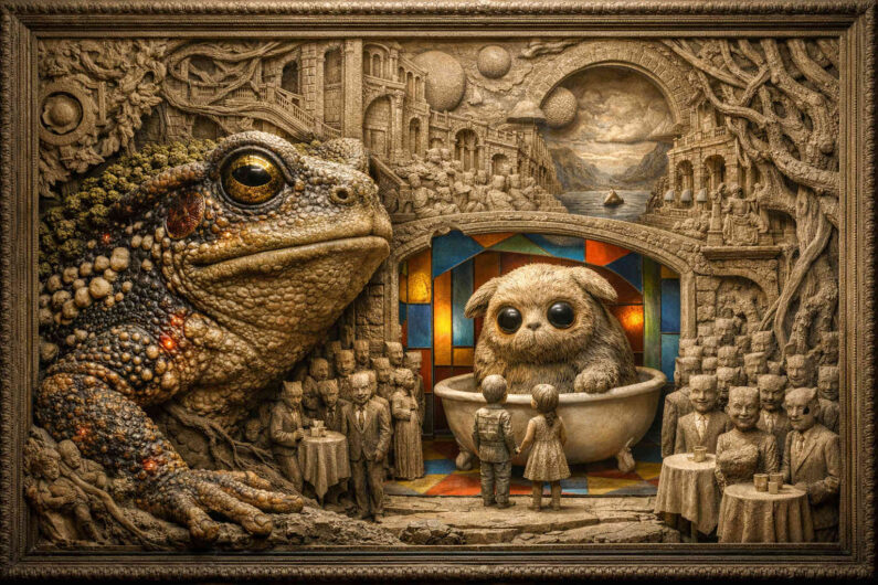 Monumentales surrealistisches Relief mit riesiger krötenartiger Kreatur in einer steinernen Fantasiewelt voller verwobener Wurzeln und Ruinen. In einer bogenförmigen Nische sitzt ein flauschiges Wesen mit übergroßen Augen in einer Badewanne, umgeben von kleinen Figuren. Warme Braun- und Goldtöne verleihen dem detailreichen Bild eine antik wirkende, traumartige Atmosphäre zwischen Skulptur und lebender Szene.