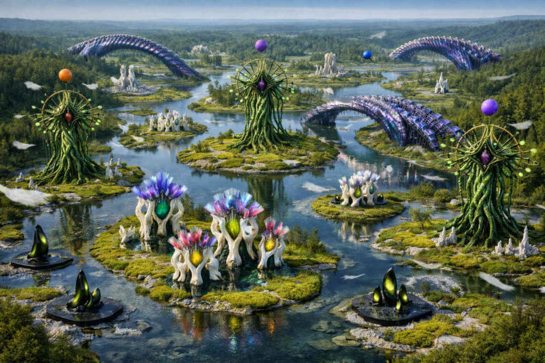 Weite Wasserlandschaft mit zahlreichen Inseln voller biomorpher Pflanzen- und Kristallstrukturen. Große grüne Wesen mit tentakelartigen Formen ragen über die Inseln hinaus. Violette geschwungene Brücken verbinden entfernte Bereiche miteinander. Helle Farben und ruhiges Wasser erzeugen eine märchenhafte Science-Fiction-Stimmung.