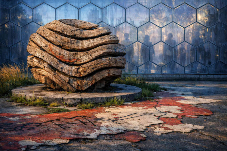 Eine massive Holzskulptur aus übereinanderliegenden, wellenartigen Platten steht auf einem runden Sockel vor einer geometrischen Wand. Im Hintergrund erscheinen verschwommene menschliche Silhouetten hinter sechseckigen Glasflächen. Der Boden ist rissig und von roten Farbspuren durchzogen. Die Szene verbindet rohe Naturformen mit kühler urbaner Architektur.