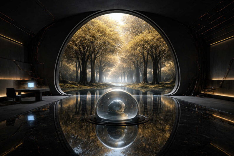 Ein futuristischer Innenraum öffnet sich wie ein Tor zu einem lichtdurchfluteten Wald mit spiegelndem Wasserlauf. In der Mitte ruht eine organische Form unter einer gläsernen Kuppel auf hochglänzendem Boden. Dunkle Wände mit feinen Lichtlinien rahmen die friedliche Naturansicht ein. Das Bild verbindet sterile Technologie mit meditativer Ruhe und natürlicher Schönheit.