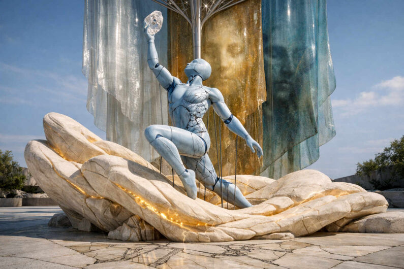 Eine elegante androide Figur kniet auf einer riesigen steinernen Hand und hält einen kristallinen Schädel in die Höhe. Hinter ihr hängen transparente Stoffbahnen und spiegelnde Flächen wie monumentale Vorhänge. Feine goldene Lichtadern durchziehen die weißen Steinformen. Die Szene erinnert an eine Mischung aus Skulpturengarten, Zukunftsvision und mythologischer Zeremonie.