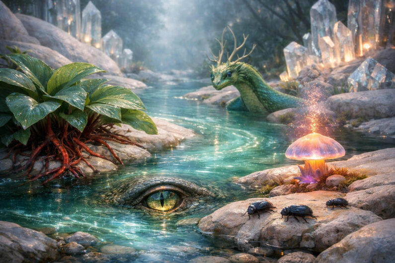 In einem türkisfarbenen Bach öffnet sich ein riesiges reptilienartiges Auge direkt unter der Wasseroberfläche. Ein grünes drachenähnliches Wesen blickt zwischen Kristallen aus dem Hintergrund hervor. Daneben leuchtet ein pilzförmiges Objekt in orangefarbenem Licht, während schwarze Käfer über Steine krabbeln. Die märchenhafte Landschaft wirkt zugleich friedlich und geheimnisvoll.