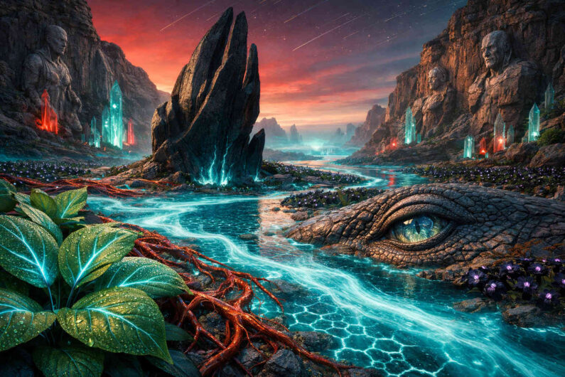 Surrealer Canyon mit türkis leuchtendem Fluss, der sich zwischen dunklen Felsen und Kristallen hindurchzieht. Im rechten Vordergrund erscheint das riesige Auge eines reptilienartigen Wesens halb verborgen im Gestein. Monumentale Steinfiguren sind in die Felswände eingearbeitet. Die Szene wird von glühenden Kristallen und einem farbintensiven Abendhimmel erleuchtet.