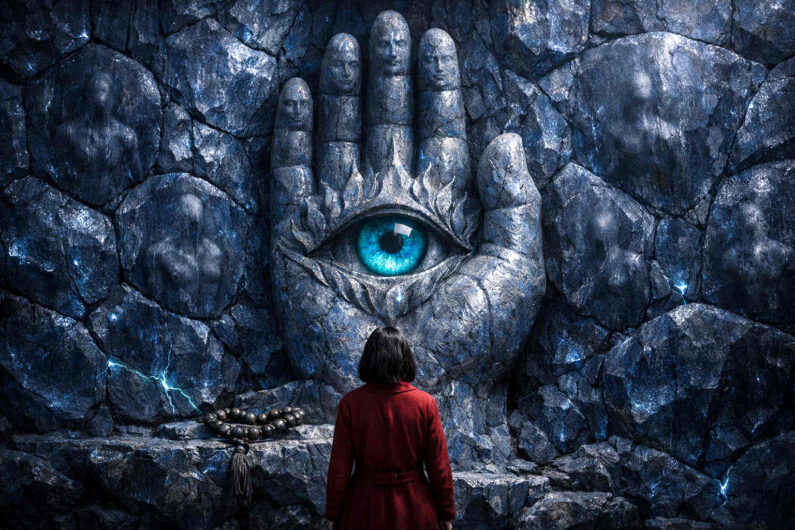 Person im roten Mantel steht vor einer monumentalen Felswand, aus der eine riesige Hand mit einem leuchtend blauen Auge hervorragt. Die steinerne Oberfläche ist von Rissen und dunklen Schatten geprägt, während elektrische Lichtadern durch den Fels laufen. Kleine Gesichter scheinen in den Fingern verborgen zu sein. Das Bild erzeugt eine mystische Atmosphäre zwischen Überwachung, Spiritualität und Traumwelt.