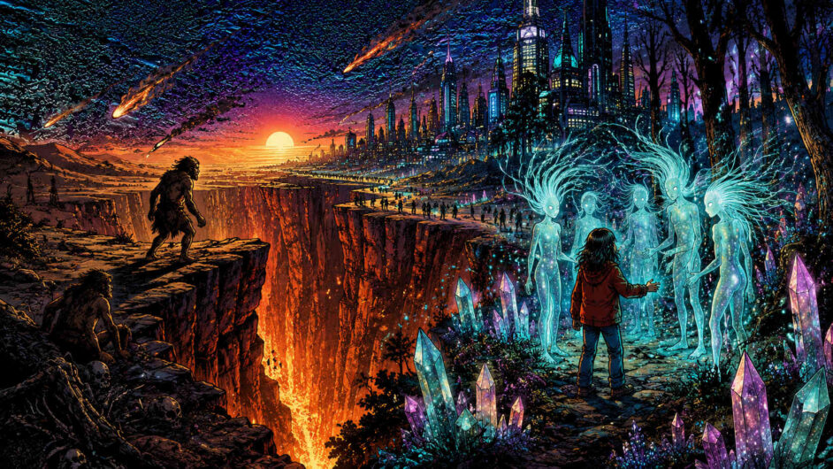 Fantastische Comiclandschaft mit riesigem glühendem Canyon zwischen urzeitlicher Wildnis und futuristischer Stadt voller leuchtender Wolkenkratzer. Eine Gruppe transparenter blau leuchtender Wesen steht neben bunten Kristallen und begegnet einem Kind im roten Mantel. Auf der gegenüberliegenden Seite beobachten primitive humanoide Gestalten die Szene aus dunklen Felsen. Meteore ziehen über den farbintensiven Himmel und verstärken die dramatische Stimmung. Neonfarben und starke Kontraste verleihen dem Bild eine epische Science-Fiction-Atmosphäre.