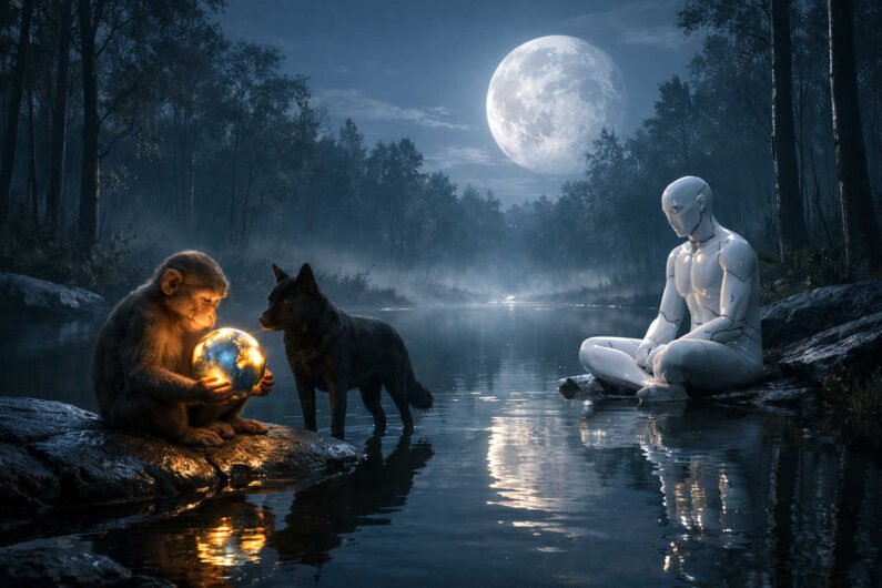 Nächtliche Flusslandschaft unter hellem Vollmond mit Nebel über stillem Wasser. Ein kleiner Affe hält eine leuchtende goldene Kugel in den Händen, neben ihm steht ein schwarzer Wolf. Gegenüber sitzt ein weißer humanoider Android meditierend im Wasser. Spiegelungen und kühle Blautöne verleihen dem Bild eine melancholische Stimmung.