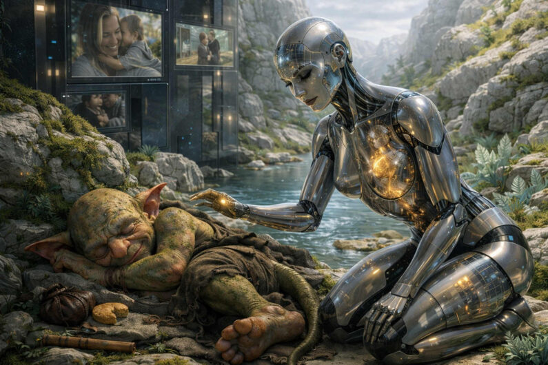 Futuristische Androidin kniet an einem felsigen Flussufer vor einem schlafenden trollartigen Wesen. In ihrem transparenten Brustbereich glühen goldene Energieformen. Hinter ihr stehen große Bildschirme mit familiären Szenen, eingebettet in eine ruhige Berglandschaft. Die Stimmung wirkt zugleich melancholisch und fürsorglich.