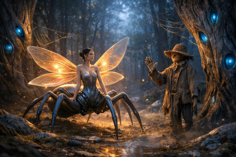 Dunkler Wald mit geheimnisvollen blau leuchtenden Augenformen in den Baumstämmen. Eine Frau mit transparenten goldenen Flügeln und spinnenartigem Körper sitzt auf einem Waldweg. Ihr gegenüber steht eine strohbekleidete Vogelscheuchenfigur mit erhobener Hand. Warmes Licht und kleine Funken verleihen der Szene eine märchenhafte Wirkung.