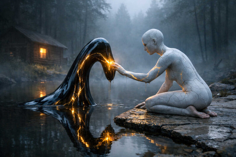 Eine weiß steinerne Figur kniet an einem nebligen Waldsee und berührt vorsichtig eine schwarze, flüssige Wesenheit, die aus dem Wasser steigt. Goldene Lichtadern pulsieren durch beide Formen und spiegeln sich im dunklen Wasser. Im Hintergrund leuchtet eine einsame Hütte zwischen hohen Bäumen. Die Atmosphäre verbindet Einsamkeit, Fremdheit und stille Nähe.