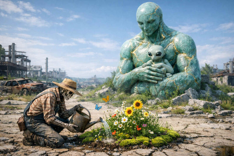Skelettartiger Gärtner mit Strohhut gießt ein buntes Blumenbeet inmitten einer zerstörten Industriebrache. Hinter ihm sitzt eine riesige grünliche Statue und hält ein kleines außerirdisches Wesen schützend in den Armen. Verrostete Autos und zerfallene Fabrikanlagen bilden einen starken Kontrast zur lebendigen Natur. Schmetterlinge und Sonnenlicht verleihen der Szene Hoffnung trotz Verfall.