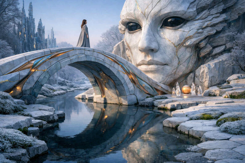 Winterliche Fantasielandschaft mit geschwungener Steinbrücke über ruhigem Wasser vor einem gigantischen weiblichen Steingesicht. Eine Frau im langen Kleid steht auf der Brücke und blickt in die ferne frostige Architektur. Goldene Lichtadern durchziehen die steinernen Formen und spiegeln sich im Fluss. Die Szene wirkt ruhig, geheimnisvoll und märchenhaft.