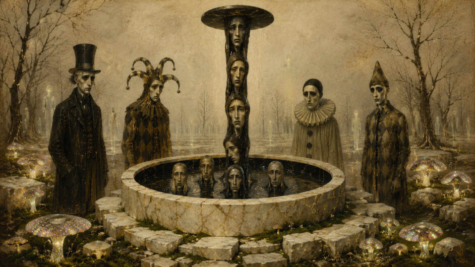 Gruppe melancholischer Figuren in historischen und narrenhaften Gewändern steht um einen runden Brunnen, aus dem mehrere ernste Gesichter hervorragen. Die Umgebung ist neblig und von kahlen Bäumen sowie schimmernden Pilzen geprägt. Die Farbpalette aus Beige, Schwarz und Gold verstärkt die kafkaeske Stimmung der Szene. Surrealer Ausdruck von Trauer, Isolation und rätselhafter Zeremonie.