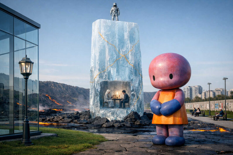 Surreale Stadtszene mit gewaltigem Eisblock, in dessen Innerem zwei Menschen an einem Tisch sitzen. Auf dem Eis steht ein Astronaut, daneben eine große spielzeugartige Figur mit rundem Kopf. Im Hintergrund ziehen sich Lavaflüsse durch eine karge Landschaft. Die Komposition verbindet kindliche Formen mit apokalyptischer Stimmung.