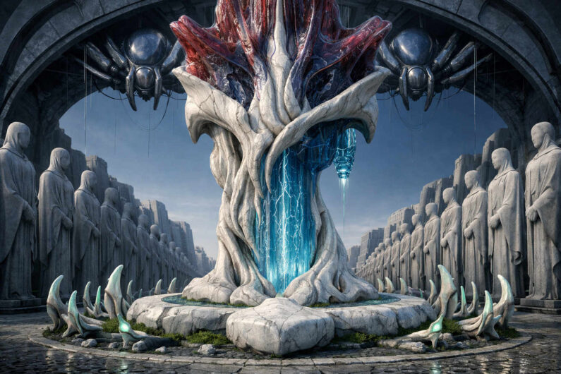Inmitten einer Reihe gesichtsloser Steinfiguren erhebt sich ein monumentaler, organisch geformter Turm mit leuchtend blauem Energiekern. Über der Konstruktion schweben mechanische Spinnenwesen unter einem düsteren Bogen. Knochenartige Formen umringen das Fundament und verstärken die unheilvolle Atmosphäre einer fremden Zivilisation.
