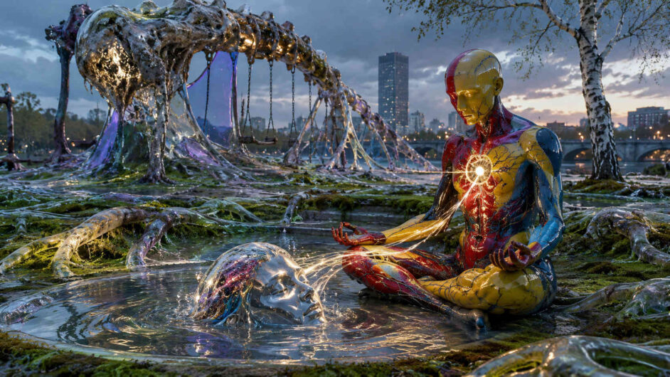 Eine bunt glänzende humanoide Figur sitzt meditierend in einer sumpfigen Landschaft und verbindet sich über Lichtadern mit einem silbernen Kopf im Wasser. Hinter ihr wächst eine organische Struktur wie ein zerfließendes Gerüst über einen verlassenen Spielplatz hinweg. In der Ferne ragen Hochhäuser und Brücken in den wolkigen Abendhimmel einer modernen Stadt. Das Wasser reflektiert die leuchtenden Energieverbindungen zwischen den beiden Figuren. Die Szene verbindet urbane Vergänglichkeit mit futuristischer Wiedergeburt.