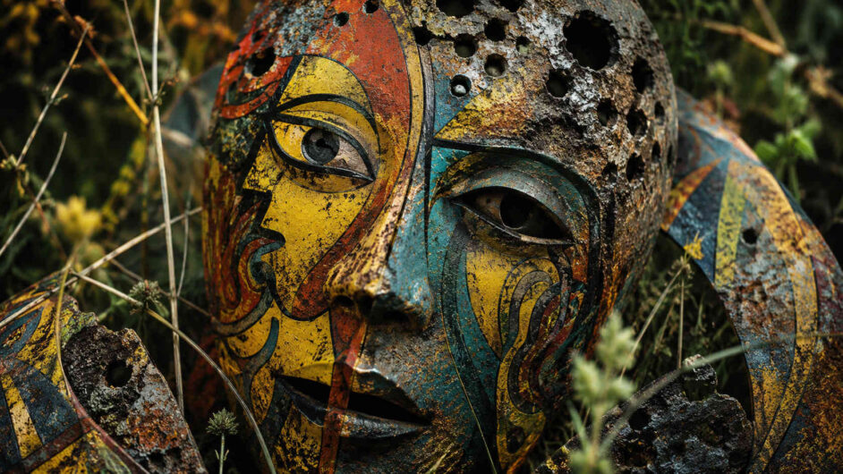 Stark verwitterte Maske mit geometrischen bunten Ornamenten liegt zwischen Gräsern und Pflanzen. Rostige Löcher und zerfallende Oberflächen durchbrechen die bemalten Gesichtsformen und verleihen dem Objekt eine archäologische Wirkung. Die kräftigen Farben Blau, Gelb und Rot kontrastieren mit den dunklen Verwitterungsspuren. Die Szene wirkt wie ein vergessenes Relikt einer fremden Kultur.