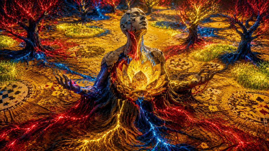 Zerbrechlich wirkende menschliche Figur erhebt sich aus einem Boden aus leuchtenden roten, blauen und goldenen Energieadern. Im Brustbereich öffnet sich eine strahlende lotusartige Struktur aus goldenem Licht und geometrischen Formen. Rundherum wachsen kleine farbige Bäume aus einem ornamentalen Musterfeld voller Kreise und Symbole. Die Haut der Figur wirkt wie aufgebrochener Stein mit leuchtenden Energien unter der Oberfläche. Intensive Kontraste aus Gelb, Rot und Blau verleihen dem Bild eine mystische spirituelle Wirkung.