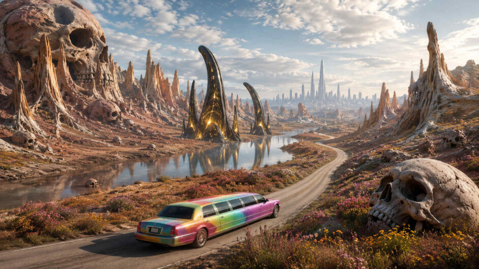 Bunte Stretchlimousine fährt durch eine bizarre Landschaft voller riesiger Schädel, spitzer Felsformationen und futuristischer schwarzer Türme. Ein ruhiger Fluss zieht sich durch die trockene Ebene bis zu einer fernen Science-Fiction-Stadt am Horizont. Trotz der Totensymbole wirkt die Szene hell und beinahe surreal-idyllisch. Die ungewöhnliche Farbigkeit erzeugt eine absurde und zugleich epische Stimmung.