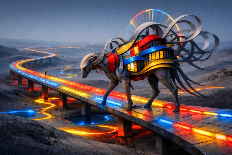 Ein riesiges tierähnliches Wesen mit architektonischem Körper aus roten, blauen und gelben Formen schreitet über eine lange Brücke durch eine karge Landschaft. Leuchtende Lichtbahnen ziehen sich wie elektrische Flüsse durch die Ebene und folgen der Straße bis zum Horizont. Im Hintergrund erhebt sich ein kreisförmiges Lichtobjekt am Himmel. Das Bild verbindet futuristische Architektur mit surrealer Monumentalität.