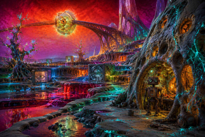 Eine fantastische Landschaft aus organisch gewachsenen Terrassen leuchtet in intensiven Rot-, Pink-, Türkis- und Goldtönen unter einem dramatisch glühenden Himmel. Riesige futuristische Brücken tragen eine schwebend wirkende kugelförmige Struktur, während bunte Flüssigkeiten wie leuchtende Lava durch Kanäle und Becken fließen. Rechts steht ein kleiner rostiger Roboter vor einer höhlenartigen Öffnung in einem biomorphen Felsen. Die Architektur wirkt zugleich technologisch und natürlich, als sei sie aus Mineralien und Licht gewachsen. Überall glimmen feine neonartige Adern in den Oberflächen. Die Szene erinnert an eine außerirdische Zivilisation voller Energie und geheimnisvoller Harmonie.