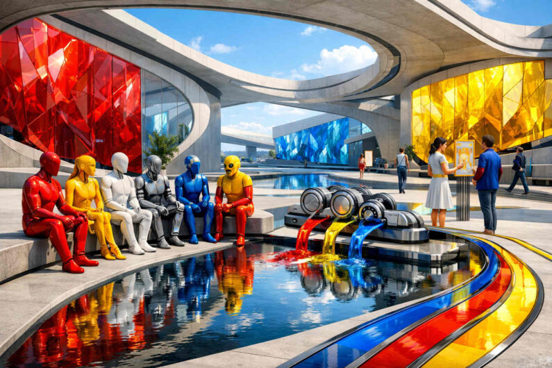Futuristische Architektur mit riesigen roten, blauen und gelben Glasflächen unter geschwungenen Betonbögen. Mehrere humanoide Figuren in glänzenden Farbkörpern sitzen am Rand eines Wasserbeckens. Aus metallischen Röhren fließen leuchtende Farbströme ins Wasser. Die Szene erinnert an eine utopische Ausstellung oder ein futuristisches Ritual.