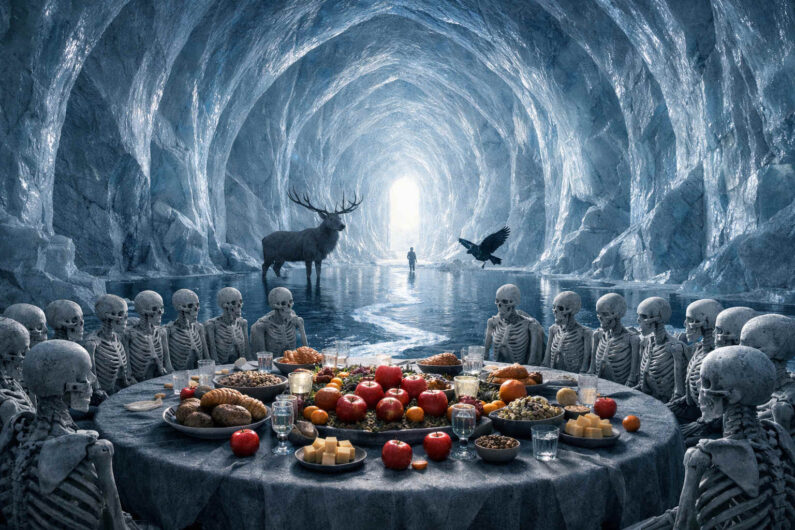 Zahlreiche Skelette sitzen um eine reich gedeckte Tafel in einer gigantischen bläulich schimmernden Eishöhle. Im Hintergrund stehen ein Hirsch und ein schwarzer Vogel nahe einer kleinen menschlichen Gestalt im Lichtausgang der Höhle. Die kalte, kristalline Umgebung kontrastiert mit den roten Äpfeln und Speisen auf dem Tisch und erzeugt eine geheimnisvolle Endzeitstimmung.
