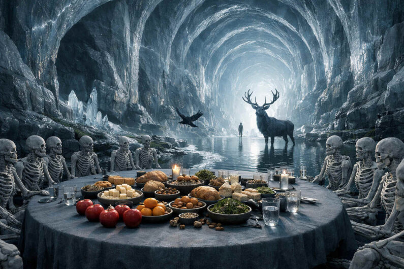 Skelettgestalten sitzen an einer reich gedeckten Tafel in einer riesigen eisartigen Höhle mit spiegelndem Wasser. In der Ferne stehen ein Hirsch und eine einzelne menschliche Figur im kalten Licht des Höhlenausgangs. Ein schwarzer Vogel fliegt zwischen den Szenenelementen hindurch. Die Atmosphäre verbindet Vergänglichkeit, Ritual und surreale Traumlogik.