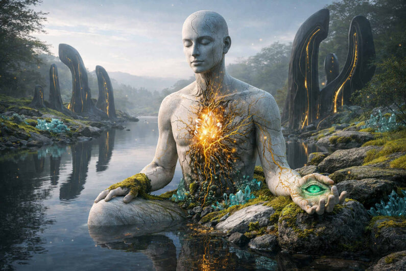 Große sitzende Figur aus weißem Stein erhebt sich aus einem ruhigen Flusslauf zwischen futuristischen schwarzen Monolithen. Im Brustkorb leuchtet eine goldene Energiequelle mit verzweigten Lichtadern. Die Figur hält in ihrer Hand ein grünes Auge aus Kristall oder Energie. Neblige Wälder und reflektierendes Wasser verleihen der Szene Ruhe und Mystik.