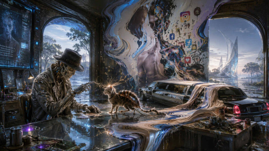 In einem halb überfluteten futuristischen Raum sitzt eine skelettartige Gestalt mit Hut an einem Schreibtisch und beobachtet ein kleines hybrides Tierwesen. An den Wänden erscheinen verzerrte digitale Gesichter und Symbole sozialer Netzwerke wie Fragmente einer zerfallenden Realität. Eine schwarze Limousine scheint mit flüssigem Material zu verschmelzen, das sich über den Boden ergießt. Durch große Fenster blickt man auf eine fremdartige Landschaft mit glänzenden Türmen und stillen Wasserflächen. Die Szene verbindet Einsamkeit, digitale Überforderung und surrealen Cyberpunk mit traumartiger Bildsprache.
