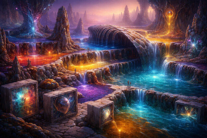 Farbenreiche Fantasielandschaft mit mehreren leuchtenden Wasserfällen und terrassenartigen Felsbecken. Türkise, goldene und violette Lichtquellen durchziehen die Szene und spiegeln sich im Wasser. Kleine menschliche Figuren stehen zwischen den gigantischen Formationen. Die Umgebung erinnert an eine lebendige, kosmische Traumwelt.