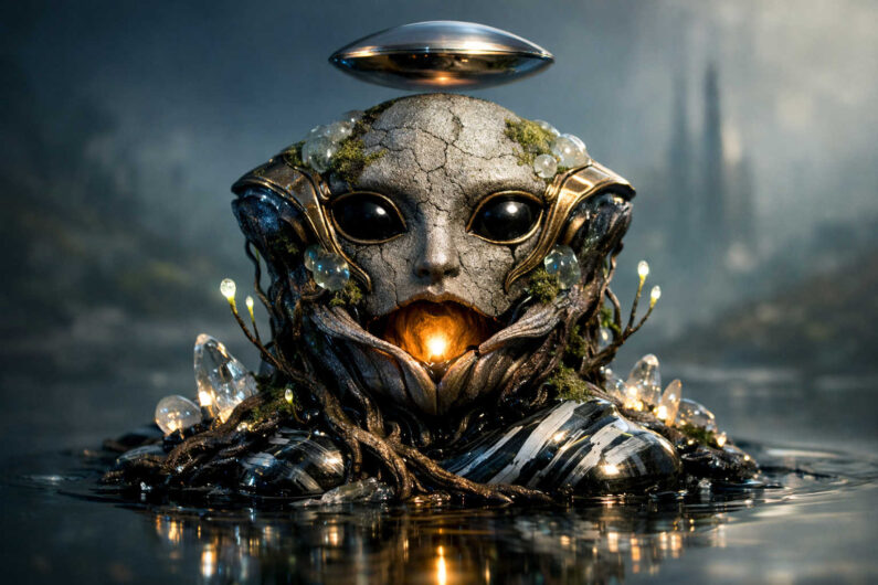 Ein fremdartiges Wesen mit großen dunklen Augen taucht aus schwarzem Wasser auf und scheint direkt den Betrachter anzusehen. Sein Gesicht wirkt wie verwitterter Stein, umgeben von metallischen und wurzelartigen Formen. Kleine Kristalle und Lichtpunkte leuchten zwischen organischen Strukturen hervor. Über dem Kopf schwebt eine silberne Scheibe wie ein lautloses Zeichen. Das Bild verbindet außerirdische Zartheit mit düsterer Märchenstimmung.