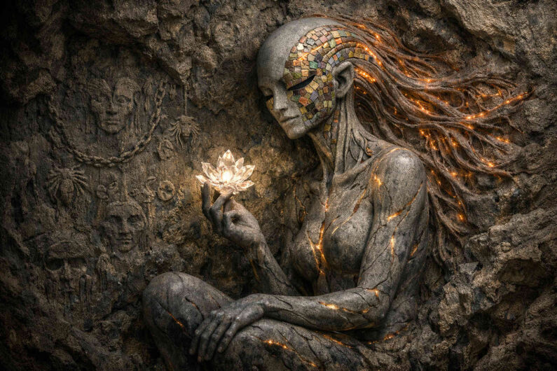Eine weibliche Gestalt aus rissigem Stein sitzt in einer Felsnische und betrachtet eine leuchtende Kristallblüte in ihrer Hand. Ihr Gesicht ist mit mosaikartigen Fragmenten bedeckt, während goldene Lichtadern durch ihren Körper verlaufen. Hinter ihr erscheinen verwitterte Reliefs und uralte Gesichter im Gestein. Die Szene wirkt wie eine Mischung aus archäologischem Fund und lebendig gewordener Mythologie.