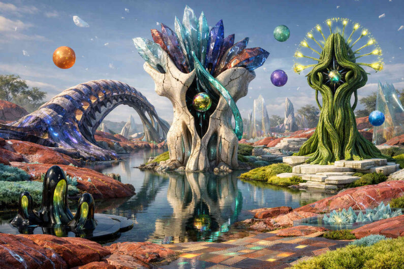 Kristallartige Bauwerke und organische Wesen säumen einen ruhigen Fluss in einer surrealen Felslandschaft. Farbige Kugeln schweben über dem Wasser und spiegeln sich auf der Oberfläche. Eine große bogenförmige Struktur zieht sich durch den Hintergrund. Die Szene verbindet Natur, Technologie und fantastische Symbolik.