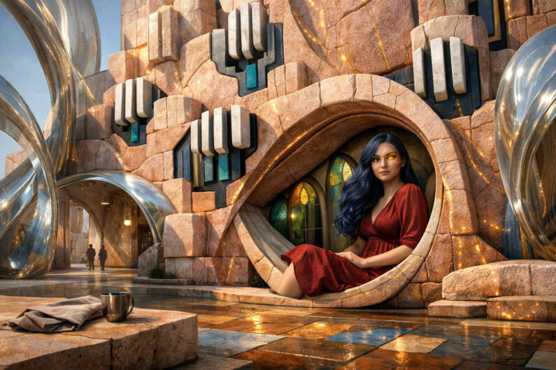 Junge Frau mit dunklem Haar und rotem Kleid sitzt in einer ovalen Öffnung einer futuristischen Steinarchitektur. Goldene Lichtadern durchziehen die Wände und spiegeln sich auf dem glänzenden Boden. Im Hintergrund verlaufen geschwungene metallische Formen durch eine moderne Passage. Die Szene verbindet warme Wohnlichkeit mit fantastischer futuristischer Gestaltung.