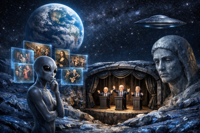 Nachdenklich wirkender Außerirdischer steht in felsiger Mondlandschaft vor schwebenden Bildern menschlicher Kunst und Kultur. Im Hintergrund befinden sich eine Bühne mit Rednern, ein riesiger Planet und ein schwebendes UFO im Sternenhimmel. Eine monumentale steinerne Frauenfigur blickt traurig auf die Szenerie herab. Das Bild verbindet Science-Fiction, Kulturkritik und kosmische Beobachtung.