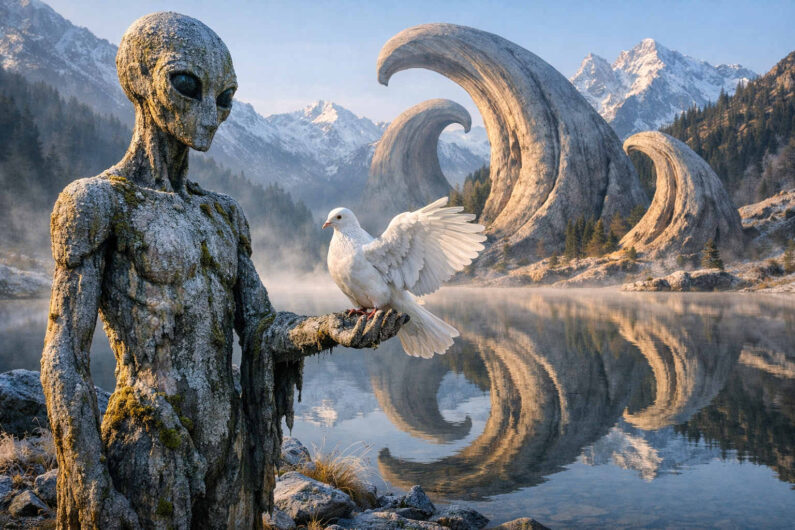 Verwitterte steinerne Alienfigur steht an einem ruhigen Bergsee und hält eine weiße Taube auf der ausgestreckten Hand. Im Hintergrund ragen riesige bogenförmige Felsformationen aus der Landschaft hervor. Schneeberge spiegeln sich im klaren Wasser des Sees. Die Szene wirkt still, kühl und zugleich geheimnisvoll futuristisch.