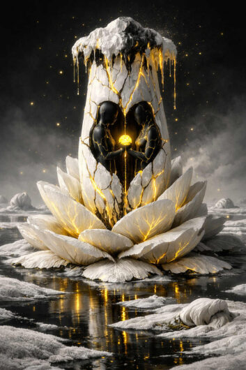 Eine weiße lotusartige Kristallblüte öffnet sich auf einer eisigen Fläche und enthüllt zwei schwarze Figuren, die gemeinsam eine goldene Lichtkugel halten. Feine goldene Risse ziehen sich durch die frostige Struktur. Über der Szene schweben kleine leuchtende Partikel im dunklen Raum. Die Komposition wirkt sakral, still und von innerer Wärme erfüllt.