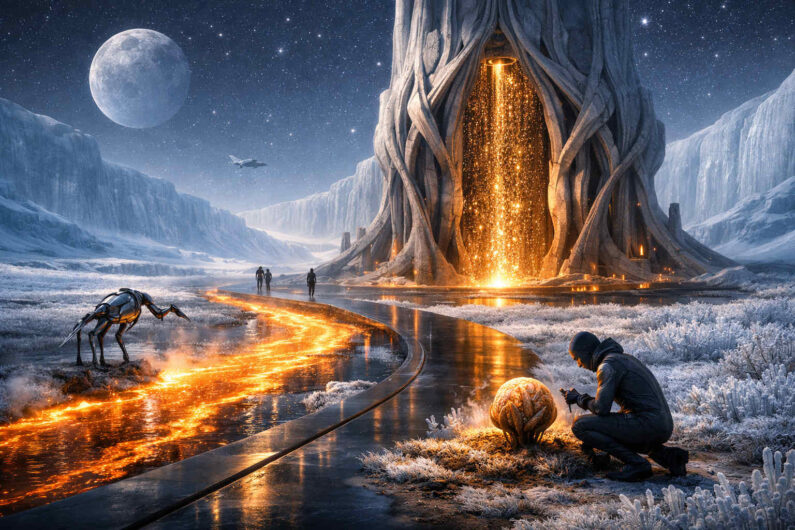 Unter einem sternenklaren Himmel erhebt sich in einer eisigen Landschaft ein gigantischer Turm mit glühendem Inneren. Ein leuchtender Weg zieht sich wie flüssiges Gold durch den Schnee zu dem Bauwerk hin. Im Vordergrund untersucht eine kniende Figur ein rätselhaftes Objekt, während ein mechanisches Tier am Rand wacht. Die Szenerie verbindet Kälte, Einsamkeit und kosmische Hoffnung.
