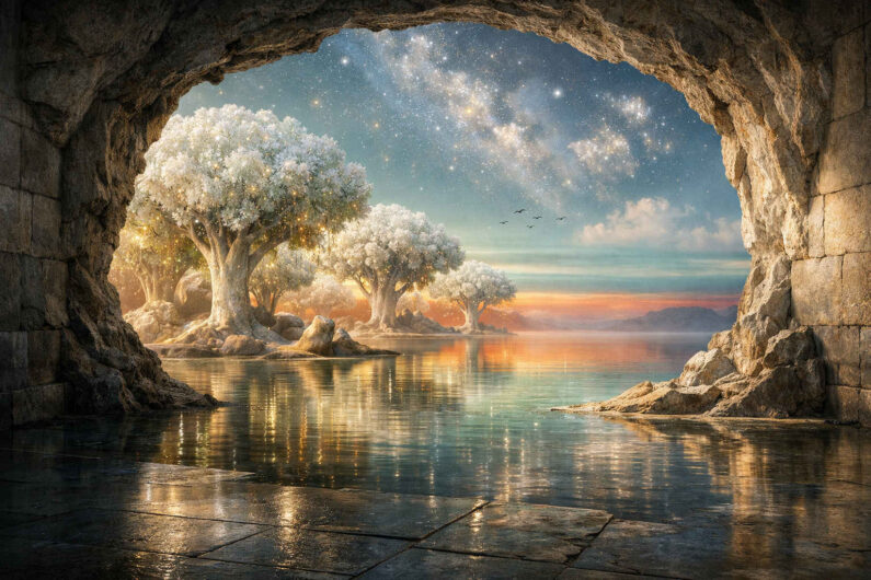 Durch eine dunkle Höhle öffnet sich der Blick auf helle, weiß leuchtende Bäume an einem stillen Gewässer. Über den Kronen glitzert ein sternenreicher Himmel mit milchiger Lichtspur. Das Wasser reflektiert die Bäume und das sanfte Morgenlicht. Die Landschaft wirkt friedlich, entrückt und beinahe himmlisch.