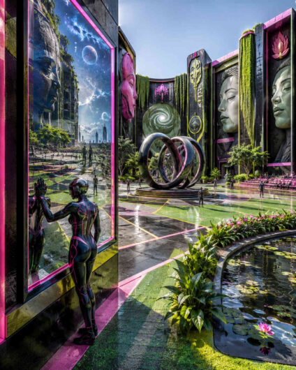 Eine futuristische Gartenanlage mit monumentalen Gesichtern, schwarzen Wänden und pink leuchtenden Akzenten erstreckt sich unter klarem Tageslicht. Zwei humanoide Figuren betrachten durch ein riesiges Fenster eine ferne Landschaft mit Planeten und monumentalen Köpfen. In der Mitte des Platzes steht eine skulpturale Ringstruktur auf einem runden Podest. Wasserbecken mit Seerosen und üppige Pflanzen lockern die geometrische Architektur auf. Die Farben Schwarz, Grün und Magenta erzeugen einen intensiven Kontrast zwischen Natur und futuristischer Gestaltung. Das Bild wirkt wie ein spiritueller Park einer hochentwickelten Zivilisation.