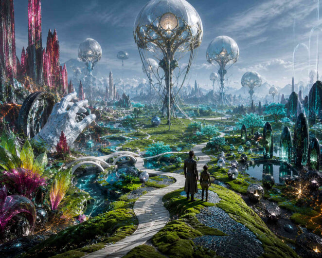 Eine weite futuristische Landschaft voller geschwungener Wege, spiegelnder Wasserläufe und leuchtender Vegetation breitet sich unter einem hellen Himmel aus. Riesige kugelförmige Konstruktionen schweben auf filigranen metallischen Stützen über der Szene. Zwei kleine menschliche Figuren stehen auf einem weißen Pfad und blicken in die monumentale Ferne. Türkisfarbene Bäume, schwarze Obsidianformen und kristallartige Pflanzen erzeugen eine harmonische Mischung aus Natur und Technologie. Links ragt eine gigantische weiße Hand aus der Landschaft hervor, als Teil einer surrealen Architektur. Das Bild besitzt eine friedliche, utopische und beinahe spirituelle Atmosphäre.