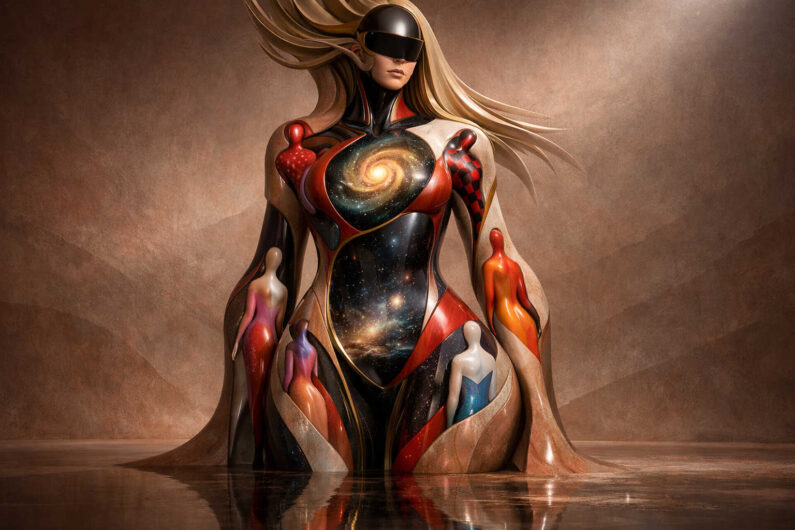 Eine futuristische Frau mit langem Haar und schwarzem Visier erhebt sich aus spiegelndem Wasser. In ihrem Körper leuchten kosmische Strukturen und Spiralgalaxien, während stilisierte menschliche Figuren in ihre Formen eingebettet sind. Warme Braun- und Rottöne verleihen der Szene eine ruhige, fast sakrale Stimmung. Das Bild verbindet Eleganz, Science-Fiction und innere Unendlichkeit.
