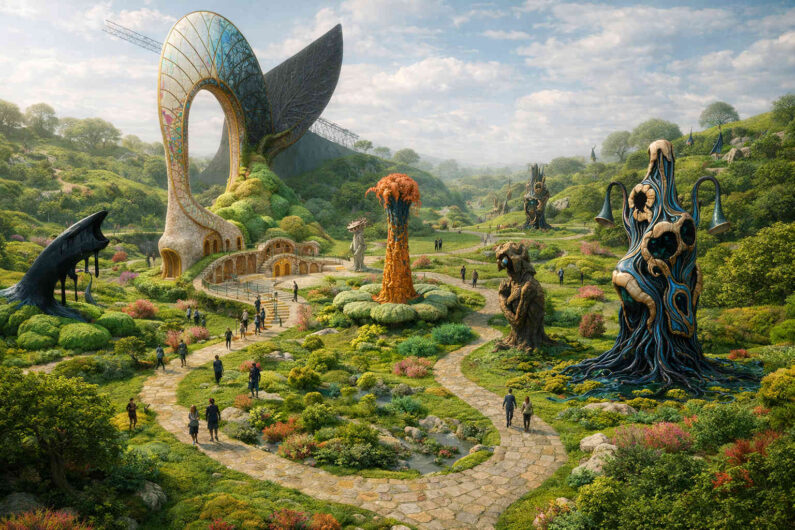 Weitläufige futuristische Parklandschaft mit organisch geformten Gebäuden und skulpturalen Wesen. Geschwungene Wege führen durch grüne Hügel voller Blumen und fremdartiger Strukturen. Kleine Menschengruppen spazieren zwischen monumentalen Kunstobjekten hindurch. Die Szene erinnert an eine utopische Mischung aus Natur und Architektur.