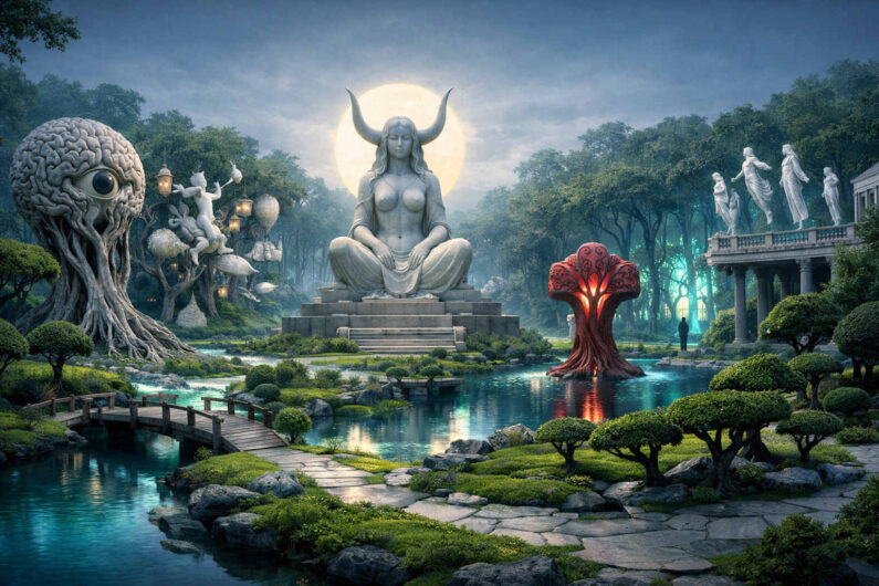 In einer kunstvoll gestalteten Gartenlandschaft sitzt eine monumentale gehörnte Frauenstatue vor einem leuchtenden Vollmond. Seltsame organische Bäume, schwebende Figuren und bizarre Skulpturen umgeben Wasserbecken und Steinwege. Links steht ein riesiger baumartiger Kopf mit einem einzelnen Auge. Die Szene erinnert an einen mystischen Tempel zwischen Traum und Mythologie.
