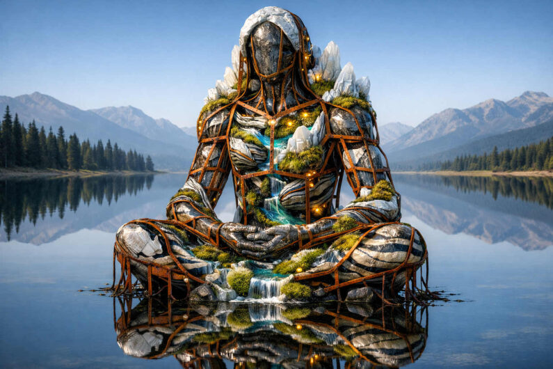 Eine monumentale humanoide Figur aus Gestein, Moos und Kristallen sitzt meditierend in einem spiegelglatten Bergsee. Rostfarbene Linien umspannen den Körper wie ein geometrisches Netz. Kleine Wasserfälle fließen durch den Torso und verbinden die Figur mit der Landschaft. Die Szene wirkt zugleich archaisch und futuristisch, als wäre ein ganzer Kontinent lebendig geworden.