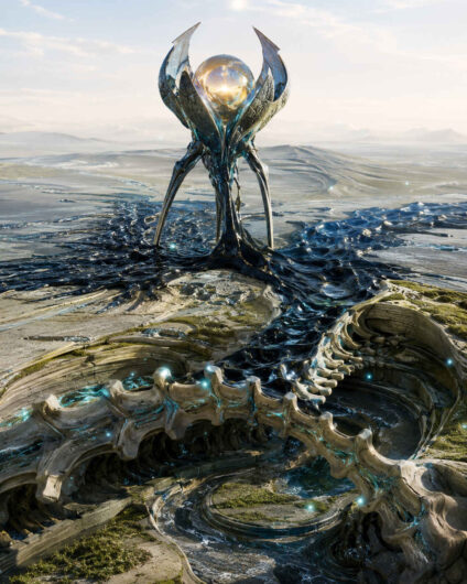 Eine futuristische Konstruktion aus dunklem Metall erhebt sich auf langen Beinen über einer weiten Landschaft aus Knochenformen und spiralförmigen Strukturen. Aus ihrem Inneren fließt eine schwarze glänzende Substanz über das Terrain wie lebendige Materie. Im Zentrum schwebt eine leuchtende goldene Kugel, eingefasst von sichelartigen Metallformen. Die Szene wirkt zugleich technologisch, archäologisch und außerirdisch.