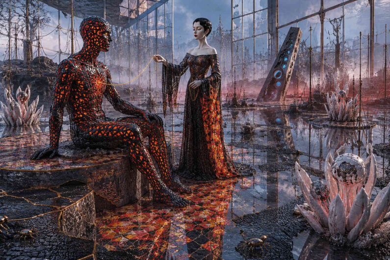 In einer spiegelnden, von Nebel und Kristallformationen geprägten Umgebung sitzt eine humanoide Figur aus schwarzen, glühenden Mosaikstrukturen auf einem Podest. Vor ihr steht eine elegant gekleidete Frau in einem dunklen ornamentalen Gewand und hält einen feinen goldenen Faden in der Hand. Der Boden besteht aus reflektierenden Flächen und geometrischen Mustern in Schwarz, Rot und Kupferfarben. Im Hintergrund ragen fragile Konstruktionen und abstrakte Objekte in eine kühle, fast sakrale Landschaft. Das Bild vermittelt eine Atmosphäre von Ritual, Kontrolle und geheimnisvoller Verbindung.
