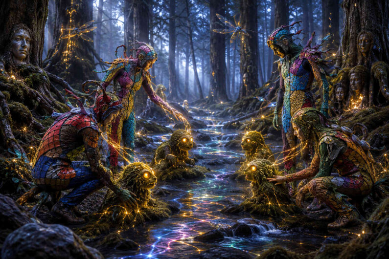 In einem dunklen Wald knien mehrere menschenähnliche Wesen mit bunten, mosaikartigen Körpermustern an einem leuchtenden Bachlauf. Kleine moosartige Kreaturen mit goldenen Augen sitzen zwischen ihnen, während feine Lichtfäden die Figuren miteinander verbinden. Zwischen den Bäumen erscheinen geheimnisvolle Gesichter und schwach glühende Insekten, die die märchenhafte Atmosphäre verstärken. Das Wasser schimmert in irisierenden Farben und zieht sich wie ein magischer Strom durch die Szene. Die gesamte Komposition vermittelt den Eindruck eines nächtlichen Rituals zwischen Naturwesen und lebendiger Energie.